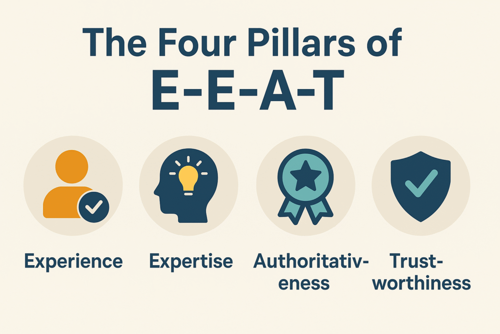 Infographic showing Google E-E-A-T framework for SEO in property management 2025.